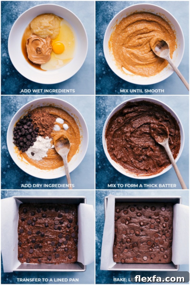 These incredible applesauce brownies are made with no oil, no butter, and no flour! Plus, no strange veggies or beans are hidden within! A perfect recipe from Chelseasmessyapron. #dessert #healthy #quick #easy #best #nobeans #betterforyou #applesauce #brownies A series of process shots illustrating the steps to make applesauce brownies: ingredients in a bowl, mixing, transferring batter to a prepared pan, and the finished baked brownies.