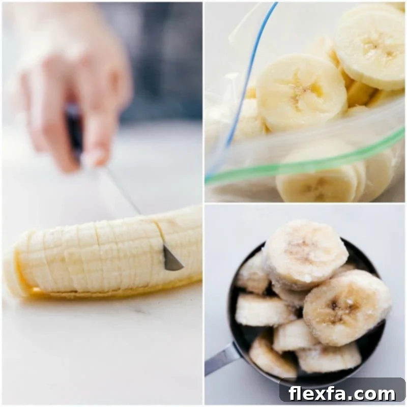 Sliced ripe bananas arranged neatly on a cutting board, ready to be placed in a freezer-safe bag for future use in smoothies and shakes.
