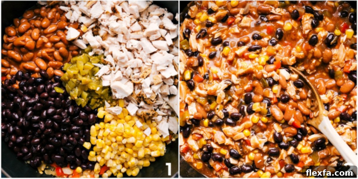All the filling ingredients mixed together in a skillet for this chicken enchilada casserole.