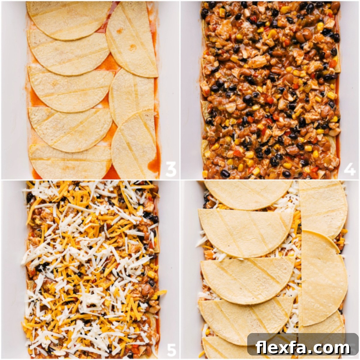 The dish being layered in a pan, starting with sauce, followed by tortillas, the filling, and cheese, then repeating the layers.