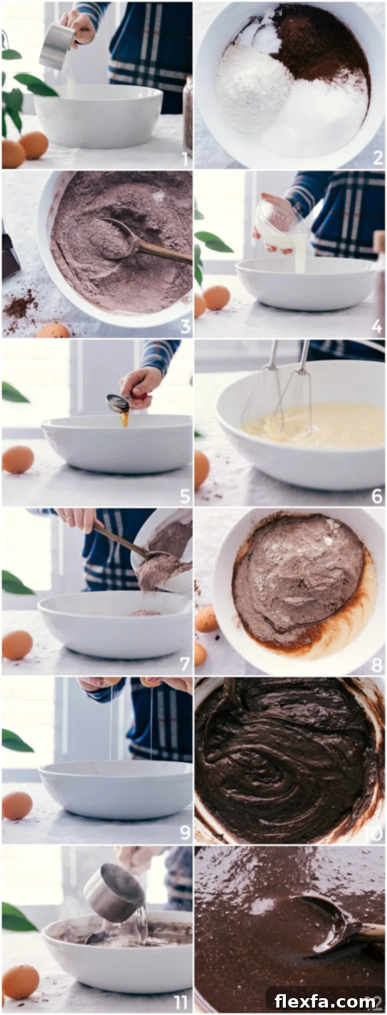 Close-up shot of dry and wet ingredients being measured and then carefully mixed together in a large bowl, highlighting the baking process.