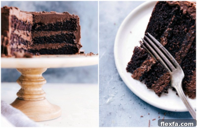 A delicious and fluffy three-layer chocolate cake slice with a bite taken out, showing the moist interior and rich frosting. A perfect homemade dessert.