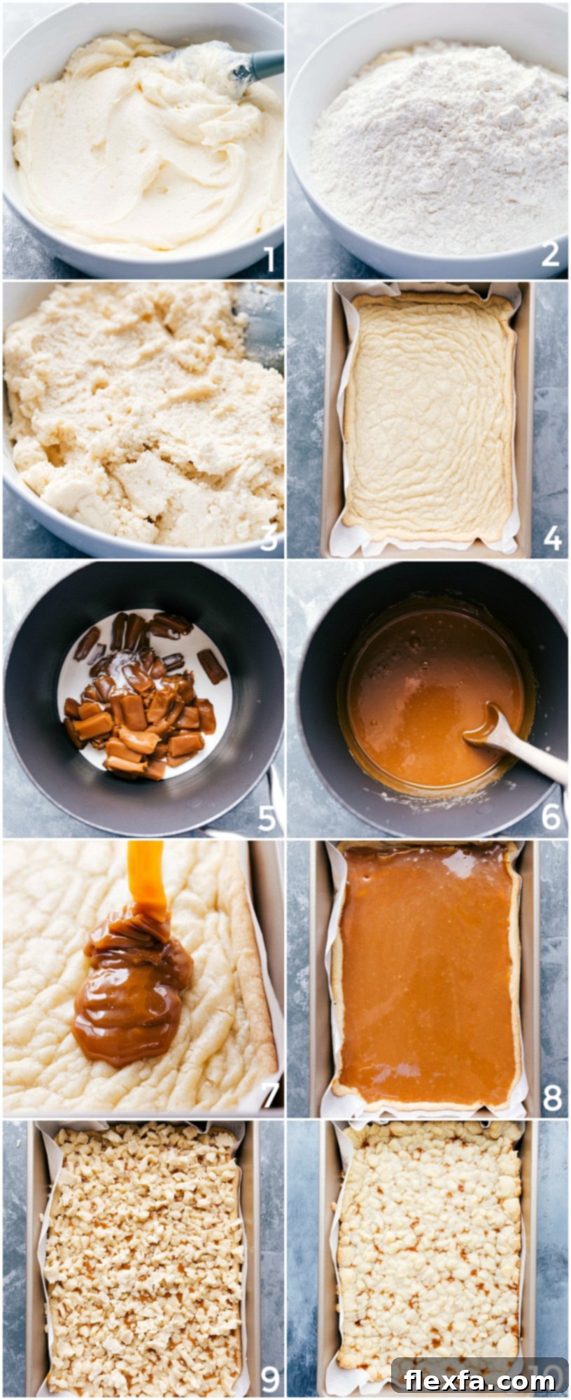Step-by-step process of making delicious salted caramel cookie bars, from preparing the dough, layering with caramel, to baking and finally slicing them into perfect portions.