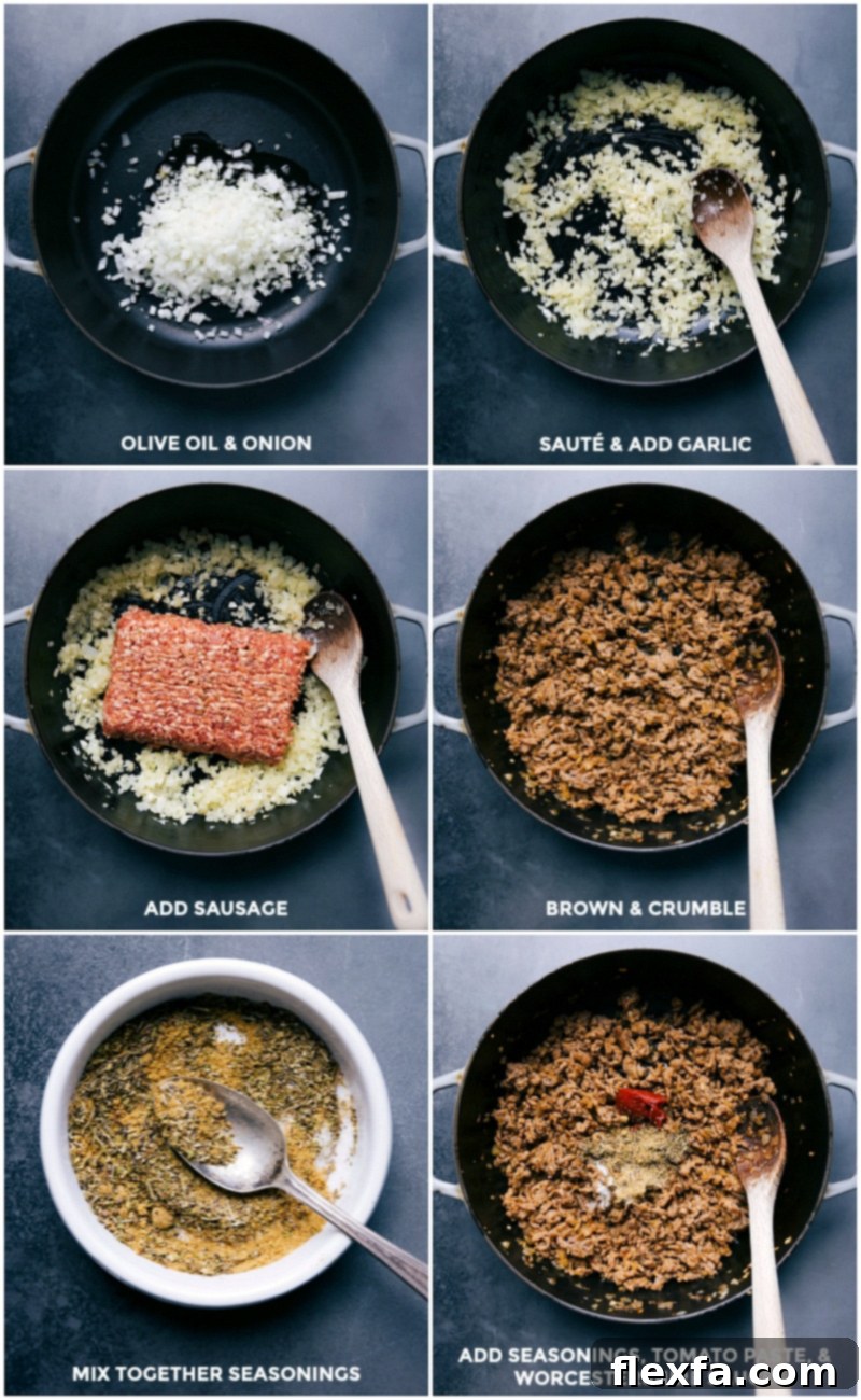 Step-by-Step Cooking: Sautéing onion and garlic, browning and crumbling sausage, and adding measured seasonings, tomato paste, and Worcestershire sauce to the pan to create a savory filling.