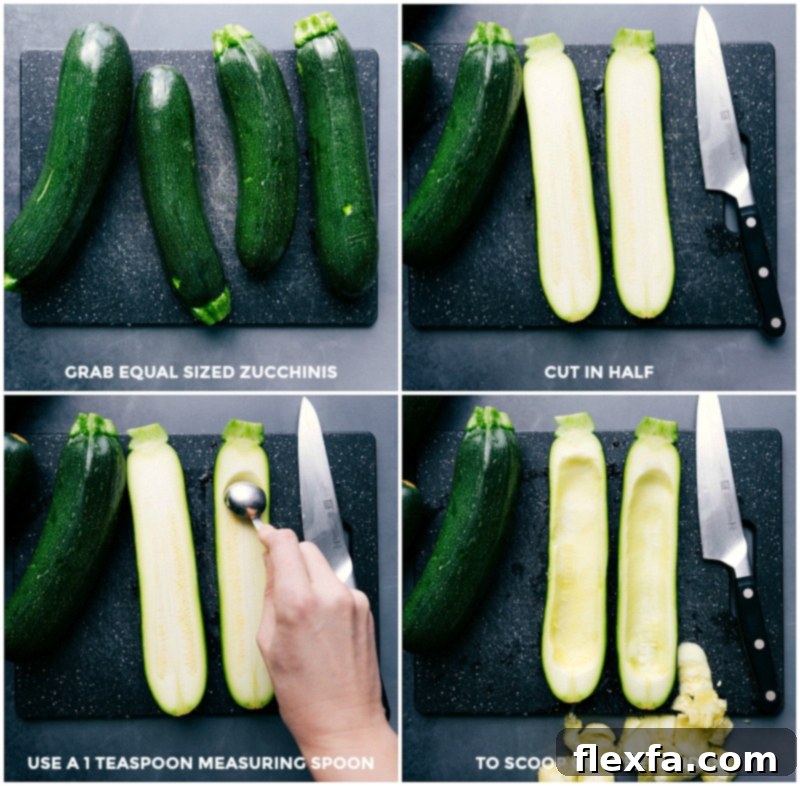Zucchinis cut in half with their insides scooped out in preparation for the recipe, ready to be filled.