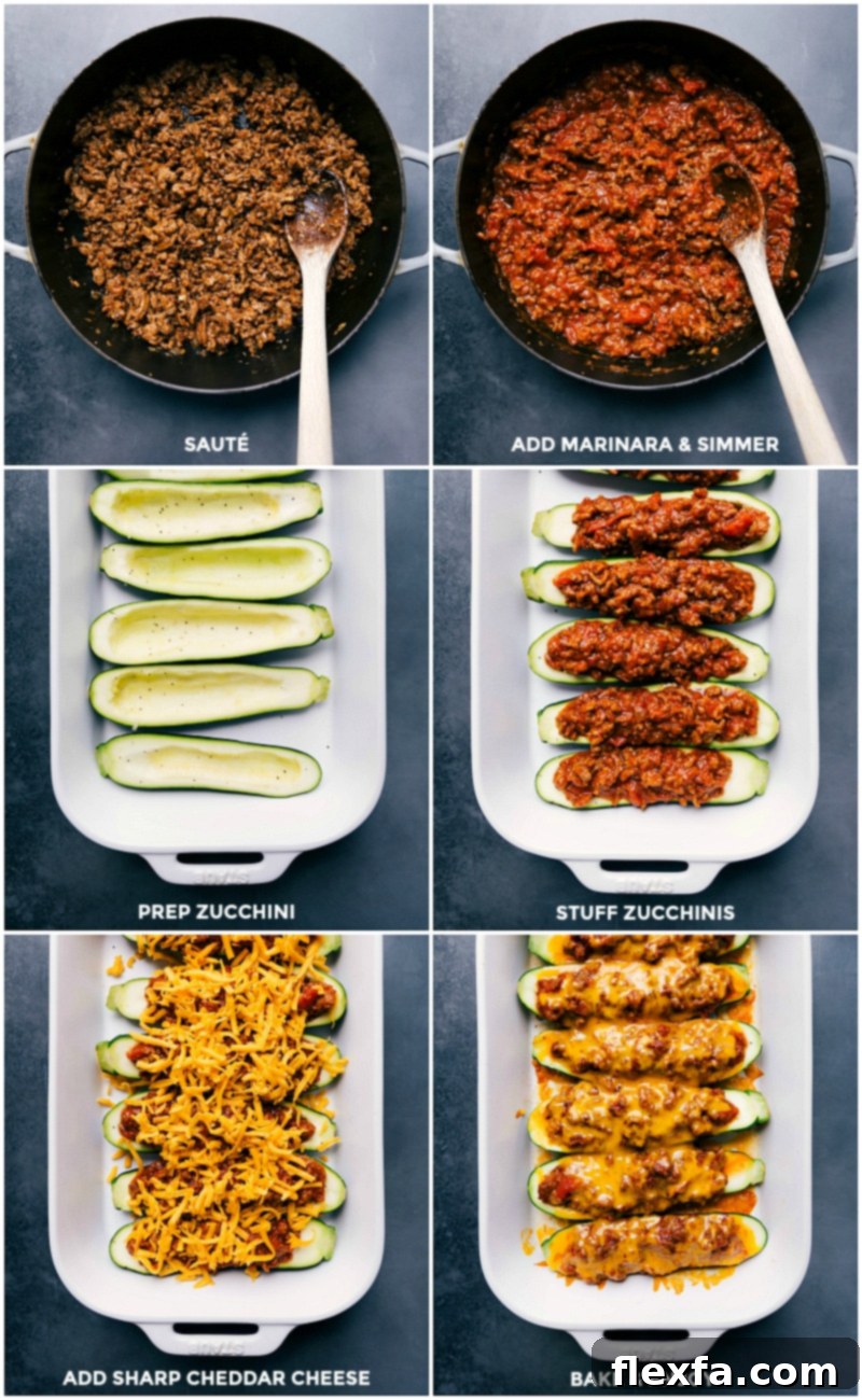 Stuffed Zucchini Recipe Steps: Sautéed sausage and seasonings, marinara sauce simmering, zucchini preparation, stuffing zucchini with meat mixture, topping with cheddar cheese, and baking.
