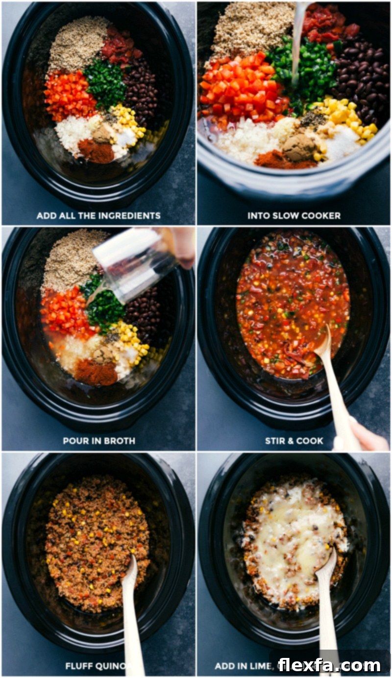 Ingredients being added to crockpot and cooked, then topped with fresh lime, cilantro, and cheese for a delicious Tex-Mex Quinoa.