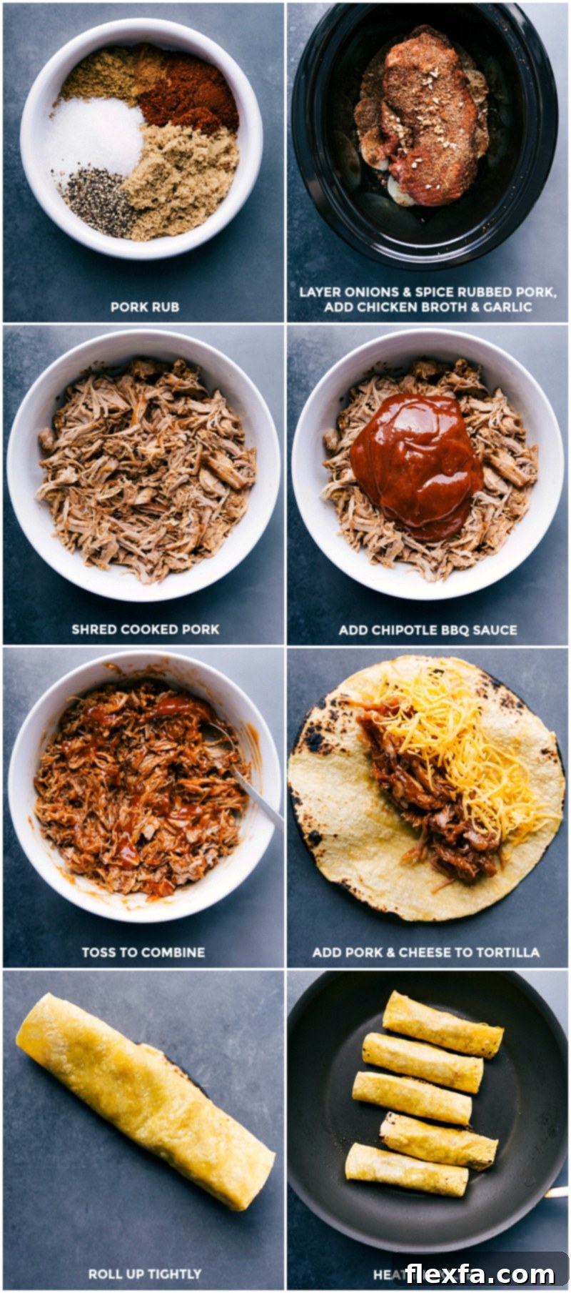 Prepping pork in a slow cooker, cooking, shredding it, adding BBQ sauce, then adding the pork to a tortilla with cheese, rolling up, and frying in a skillet. A visual guide to making perfect pork taquitos from start to finish.