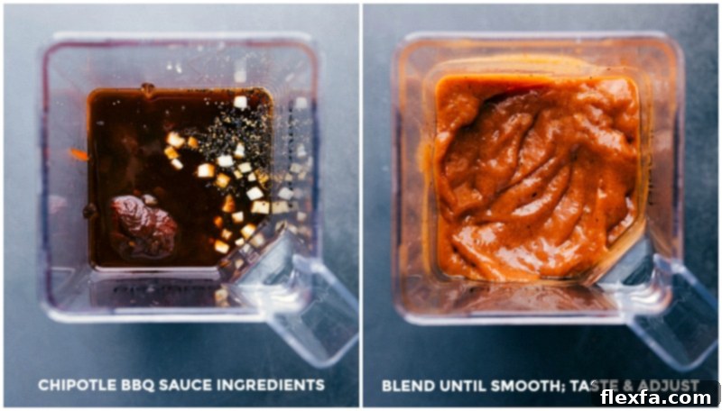 Making chipotle barbecue sauce by assembling ingredients in a blender jar and blending until smooth, with adjustments to taste if necessary, showing the vibrant color of the sauce.