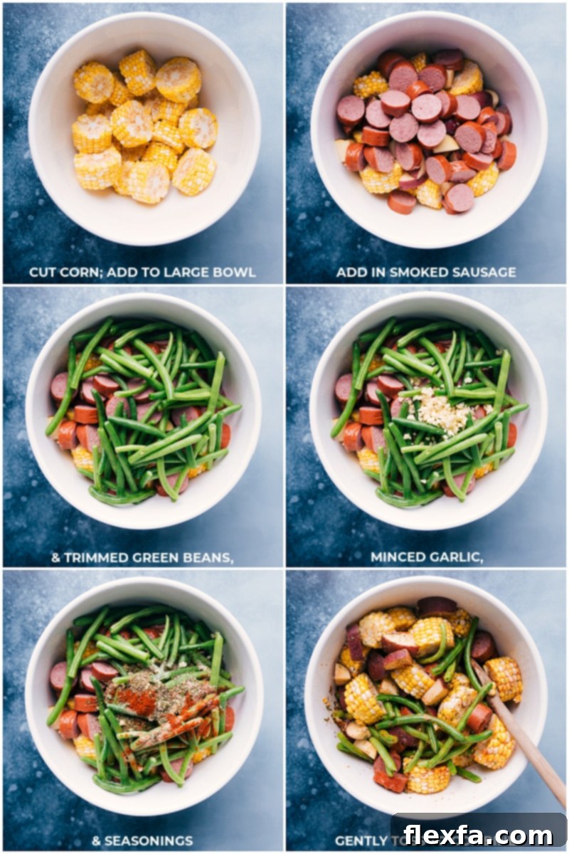 Process shots demonstrating the assembly of Foil Pack Garlic Butter Sausage & Veggies: smoked sausage, diced potatoes, green beans, and corn being added to a large mixing bowl, then thoroughly tossed with a fragrant seasoning blend, preparing the mixture for individual foil packs.