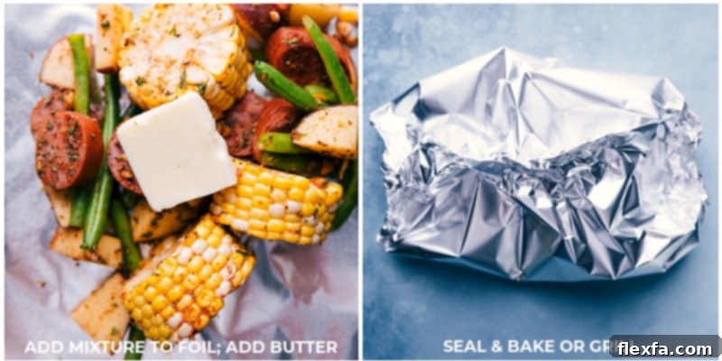 A close-up process shot showing seasoned sausage, diced potatoes, corn, and green beans being carefully arranged on a sheet of heavy-duty aluminum foil, with a sealed foil packet in the background, illustrating the preparation and assembly of garlic butter sausage and veggie meals.