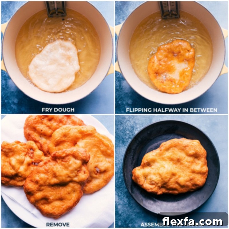 Golden Perfection: Fry Bread Expertly Cooking in Hot Oil for Delicious Navajo Tacos. Close-up shot of several pieces of homemade fry bread frying to a golden brown in hot oil within a cast iron pot.