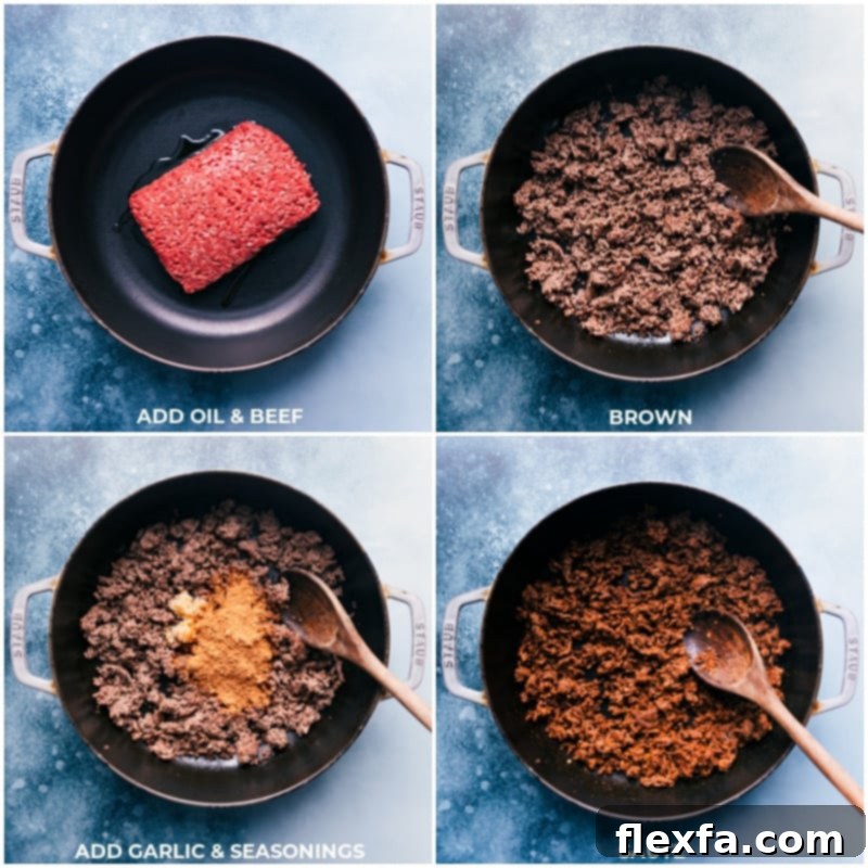 Preparing the Flavorful Meat Mixture: Browning Ground Beef with Garlic and Taco Seasoning for Navajo Tacos. Process images showing ground beef browning in a pan, followed by minced garlic and taco seasonings being added and stirred in.