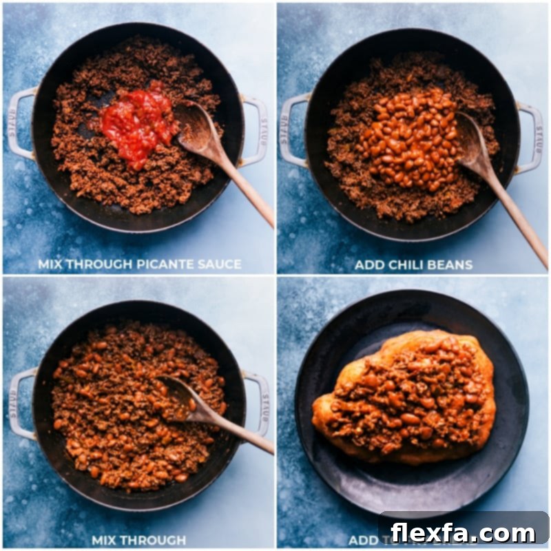 Assembling Navajo Tacos: Adding Chili Beans and Picante Sauce to the Meat, then Spooning onto Fry Bread. Process images showing chili beans and picante sauce being stirred into the seasoned ground beef, then a scoop of the mixture being placed onto a piece of fry bread.