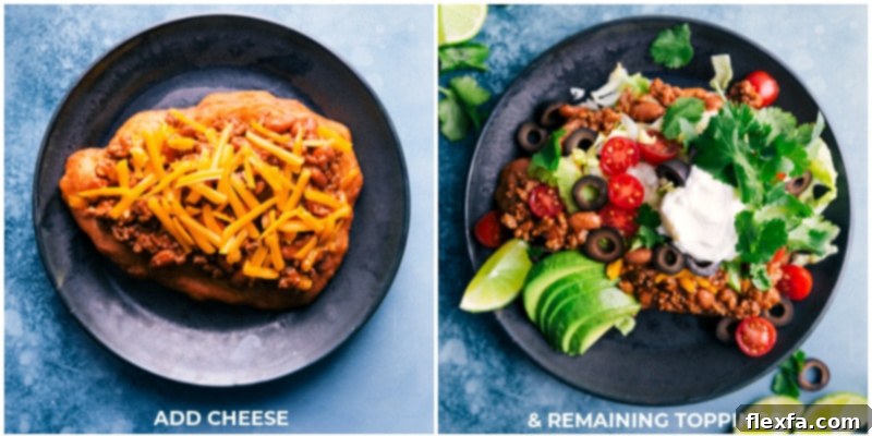 Final Touches: Loading Navajo Tacos with Cheese, Lettuce, Tomatoes, and Other Fresh Toppings for a Complete Meal. Process images showing shredded cheese and other taco toppings being added generously to the meat-filled fry bread.