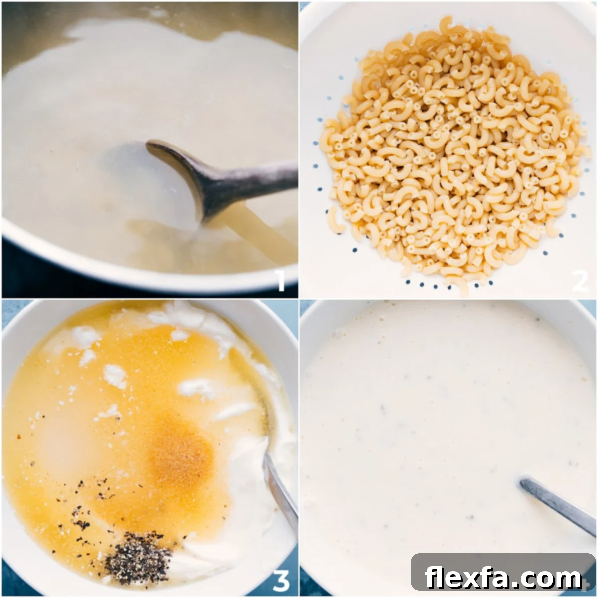 Cooking the pasta and whisking the dressing for the Macaroni Coleslaw Salad.