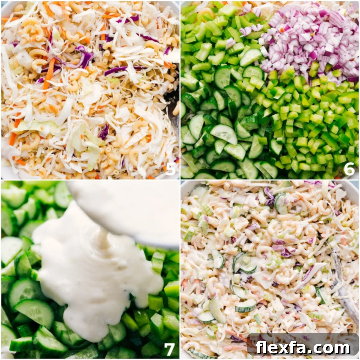 All the components of the Macaroni Coleslaw Salad being combined in a large bowl and tossed together.