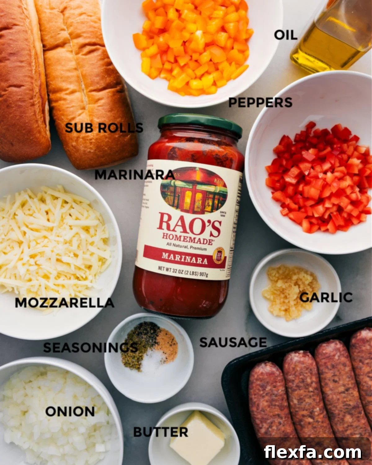 All the fresh ingredients for this Italian Sausage Sandwich recipe, including colorful bell peppers, onions, marinara, fresh mozzarella, and hoagie rolls, neatly arranged and ready for cooking.