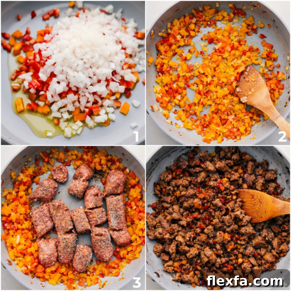 The process of making Italian Sausage Sandwiches, showing colorful vegetables being sautéed and ground sausage being browned in a large skillet.