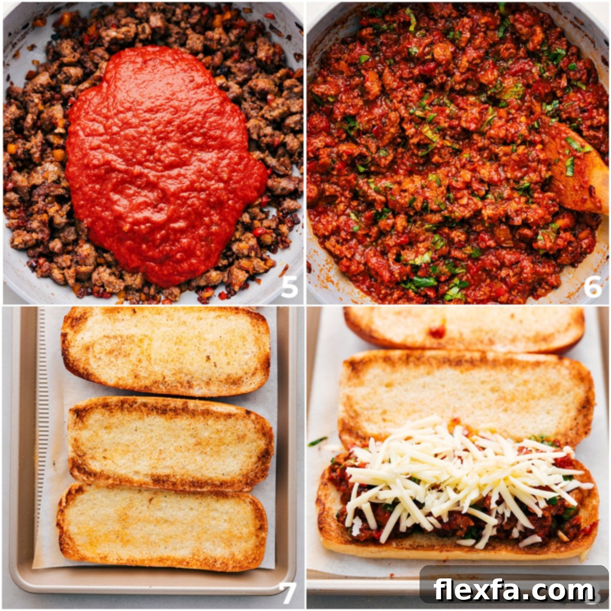 Rich marinara sauce being mixed with browned Italian sausage and then generously layered into a perfectly toasted hoagie bun with melted cheese.