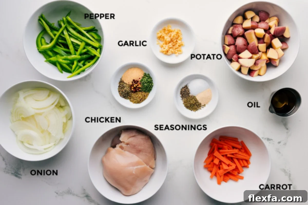 All the ingredients in this recipe are prepped ahead for easy assembly, including the onion, pepper, garlic, meat, seasonings, carrot, potatoes, and oil.