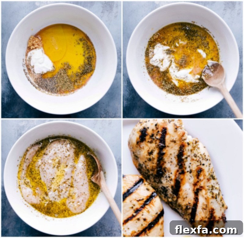 Chicken breasts marinating in a flavorful mixture, followed by images of the chicken perfectly grilled with beautiful char marks.