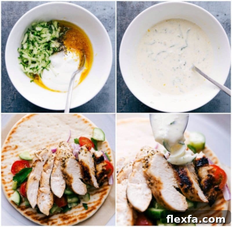 Ingredients being mixed in a bowl to create creamy tzatziki sauce, followed by an image of the finished sauce being generously drizzled over a prepared dish of gyros.