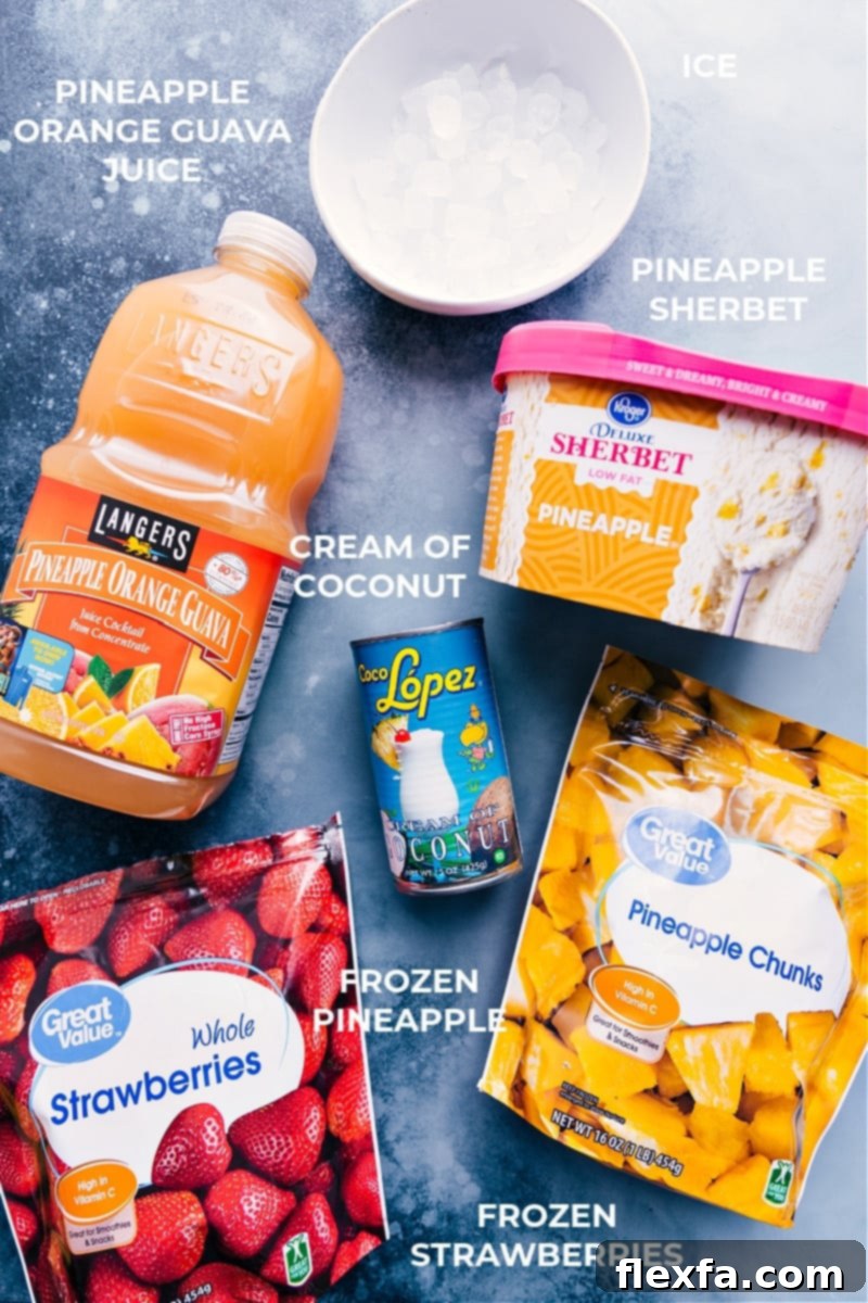 Essential ingredients for a perfect Strawberry Piña Colada smoothie: juice, cream of coconut, pineapple sherbet, frozen strawberries, frozen pineapple, and ice. All the fresh and frozen ingredients laid out beautifully for making Strawberry Piña Colada smoothies, including tropical juice, cream of coconut, pineapple sherbet, frozen strawberries, and pineapple chunks.