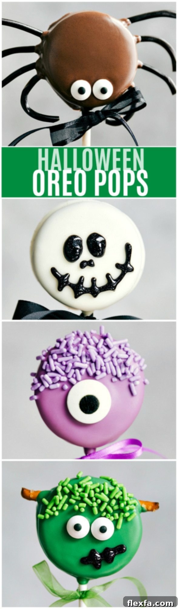 The Cutest (and super simple) Oreo Pops decorated for Halloween -- Spider Oreo Pops, Skeleton Oreo Pops, Frankenstein Oreo Pops, and Monster Oreo Pops
