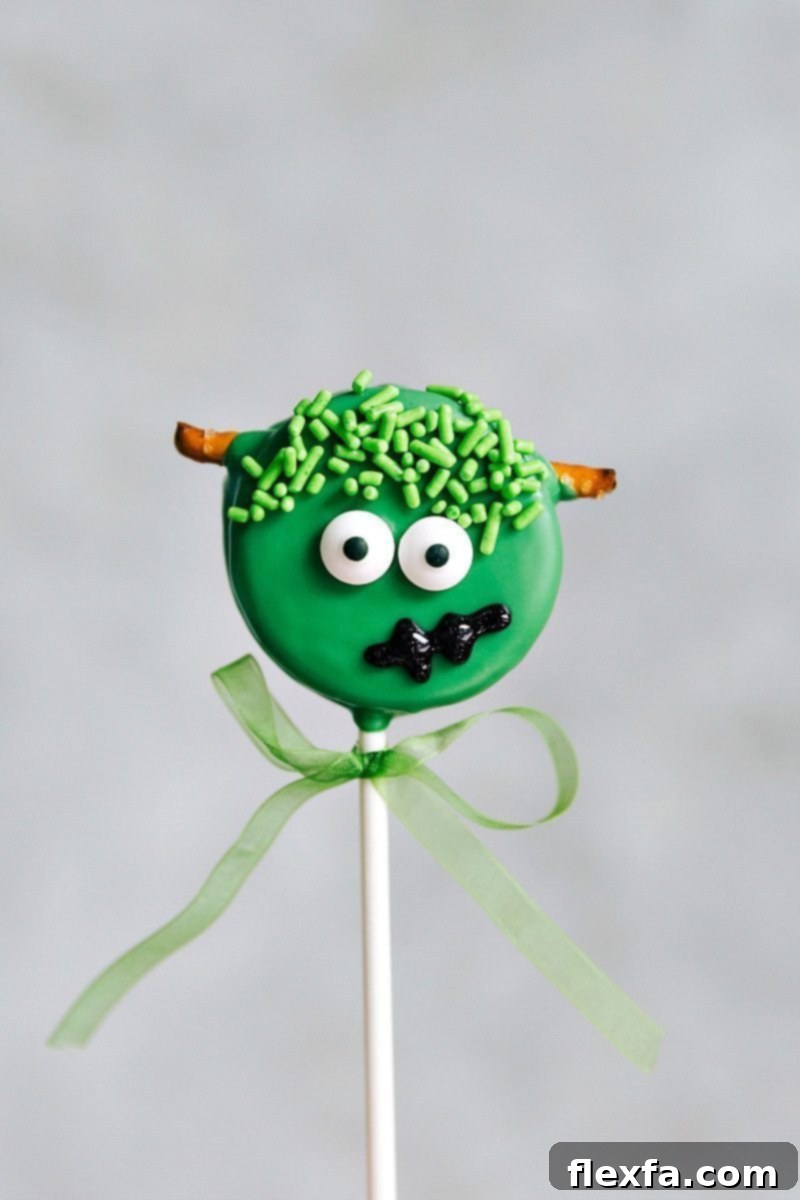 FRANKENSTEIN OREO POPS! Simple Oreo Pops decorated for Halloween -- Spider Oreo Pops, Skeleton Oreo Pops, Frankenstein Oreo Pops, and Monster Oreo Pops I chelseasmessyapron.com