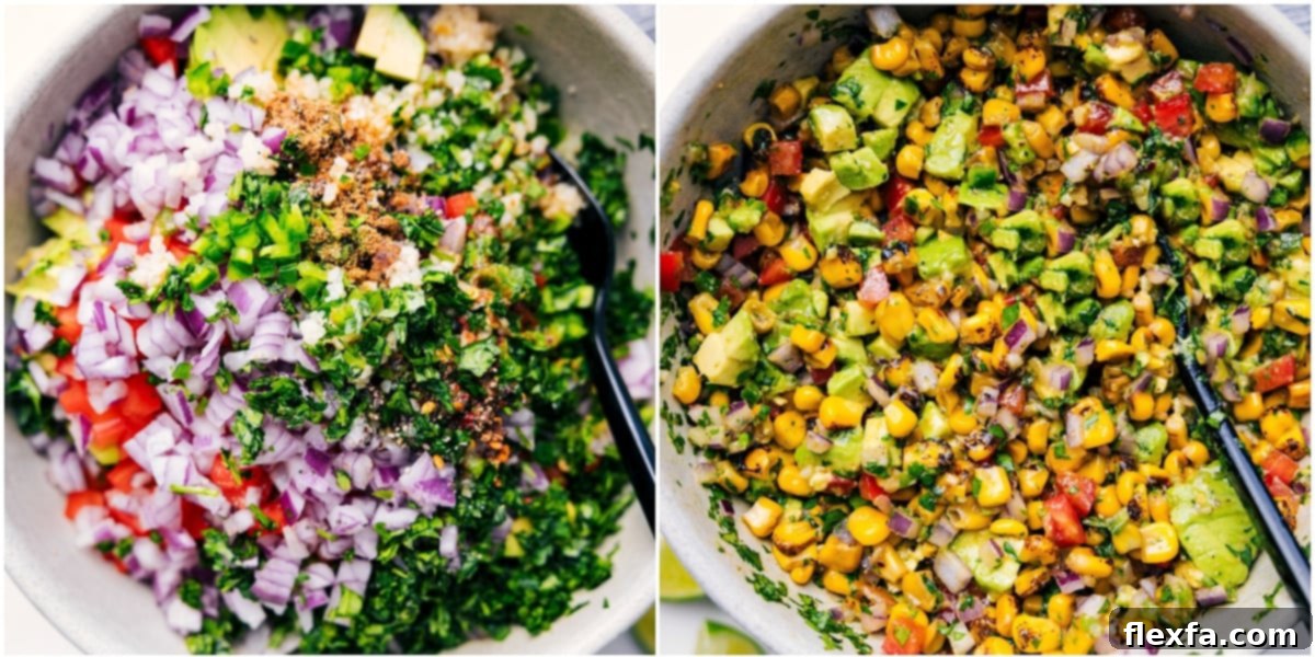 Close-up of a glass bowl filled with freshly mixed avocado corn salsa, highlighting the vibrant colors and textures of diced avocado, charred corn kernels, red onion, and chopped cilantro, ready to be served.