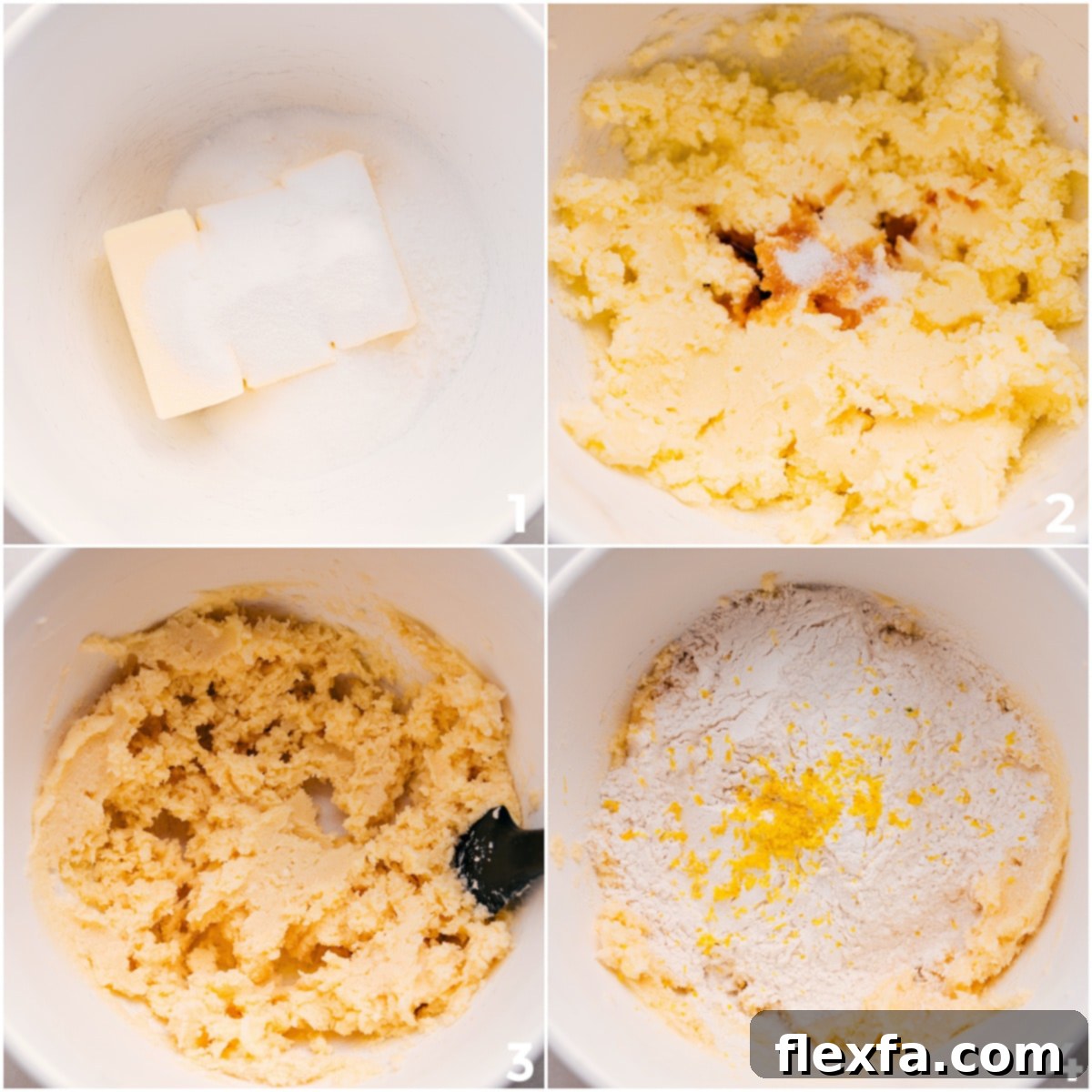Mixing the dough by creaming cold butter, granulated sugar, vanilla extract, flour, and fresh lemon zest for these homemade raspberry bars.
