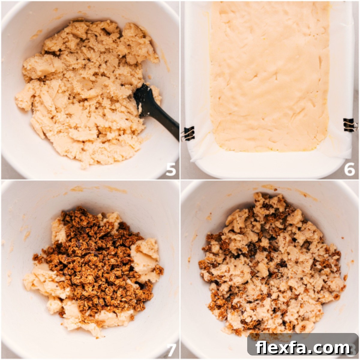 Spreading a little over half of the buttery shortbread dough into a 9x13 inch pan, while mixing the remaining dough with crunchy granola and sliced almonds.