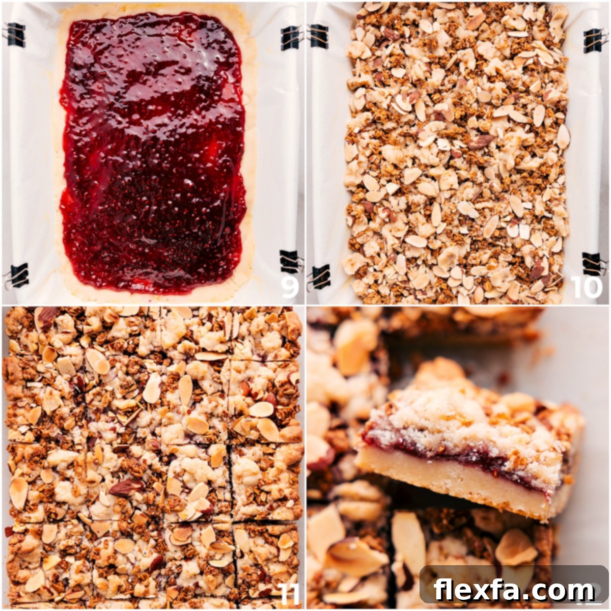 Layering raspberry jam onto the half-baked shortbread base, adding the granola-almond dough on top, and baking until golden brown and delicious.