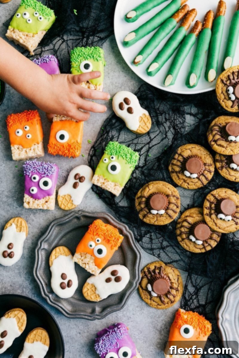 3-ingredients to make these adorable (and delicious) Halloween treats -- Monster Rice Krispies Treats, Peanut Butter Spider Cookies, Nutter Butter Ghosts, and Witch Finger Pretzels. chelseasmessyapron.com