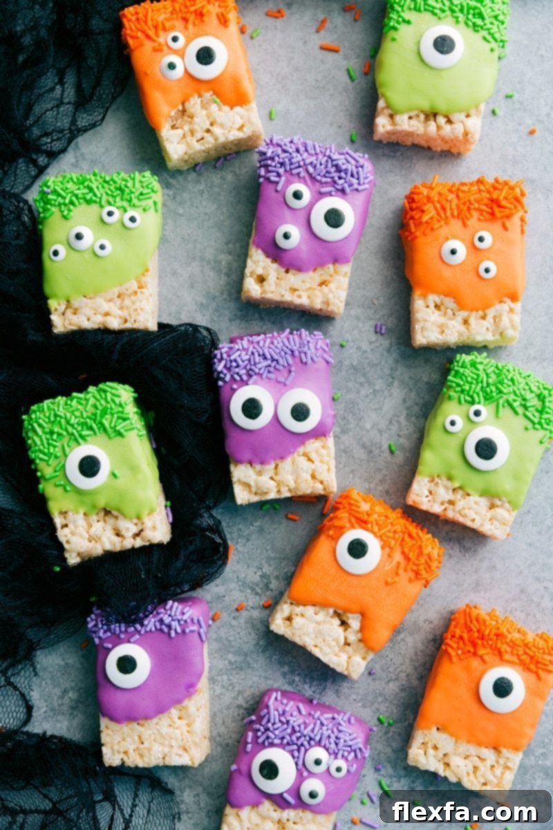 3-ingredients to make these adorable (and delicious) Halloween treats -- Monster Rice Krispies Treats, Peanut Butter Spider Cookies, Nutter Butter Ghosts, and Witch Finger Pretzels. chelseasmessyapron.com