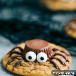 A delicious Peanut Butter Spider Cookie with miniature Reese's cup body and chocolate piped legs.