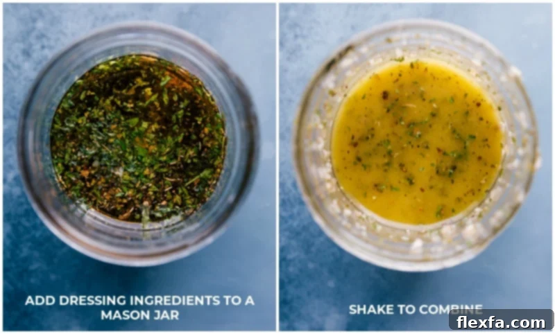 Process shots showing how to prepare the Italian-inspired vinaigrette in a Mason jar, illustrating the shaking and mixing steps.