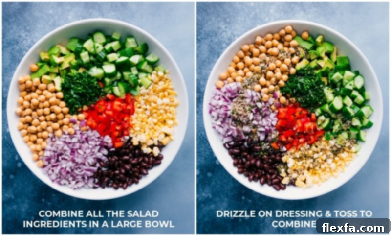 A vibrant display of fresh ingredients for Garbanzo Bean Salad in a large bowl, followed by an image of the dressing being poured over the mixture.