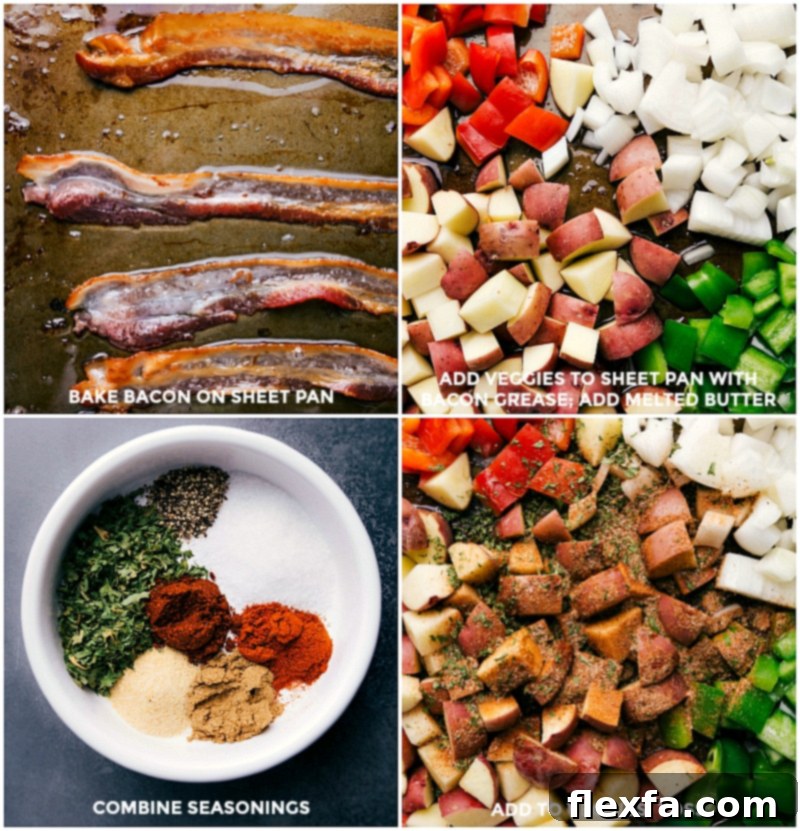 Close-up on the savory crispy bacon strips cooking on the sheet pan.