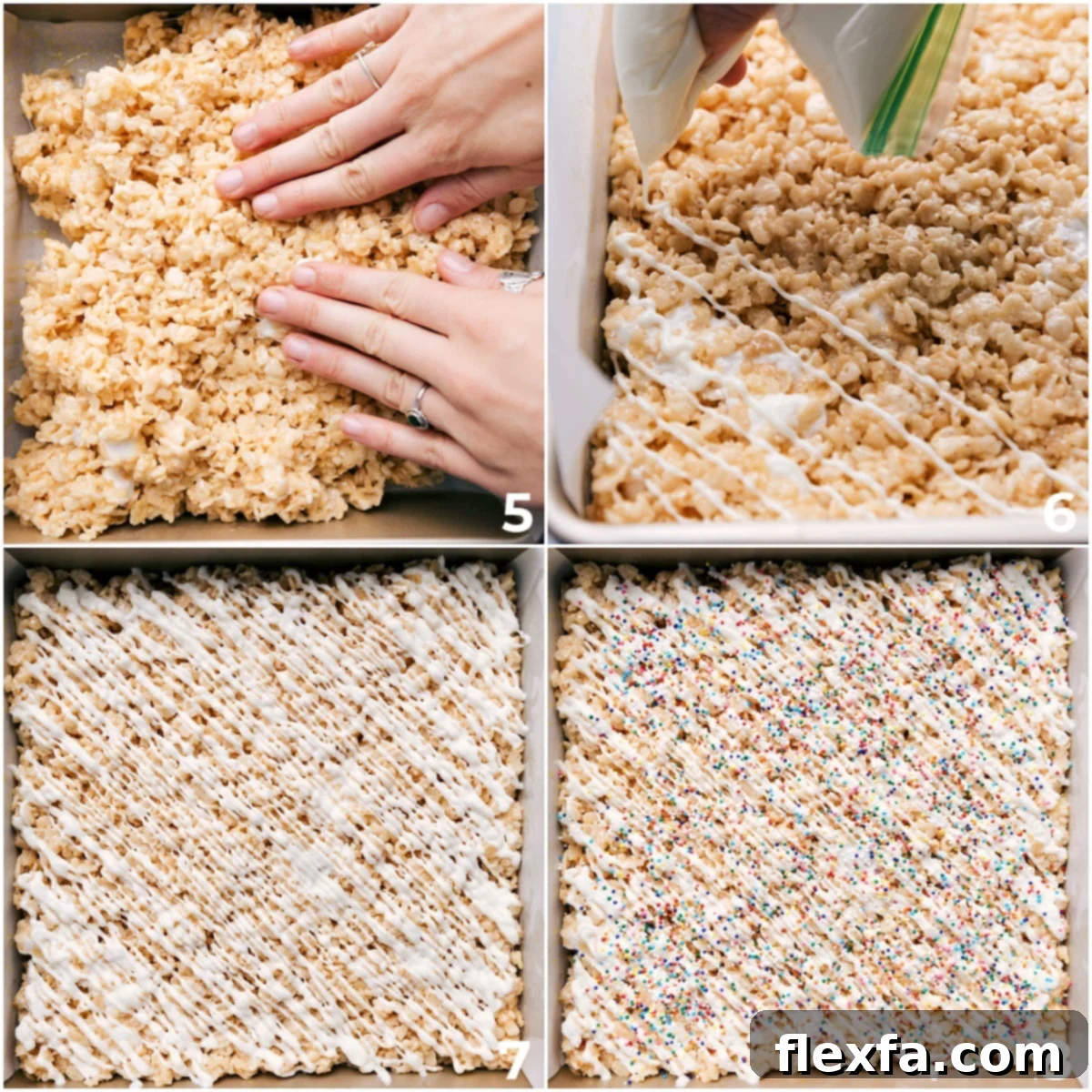 The recipe being spread into a 9x9 pan and topped with white chocolate.
