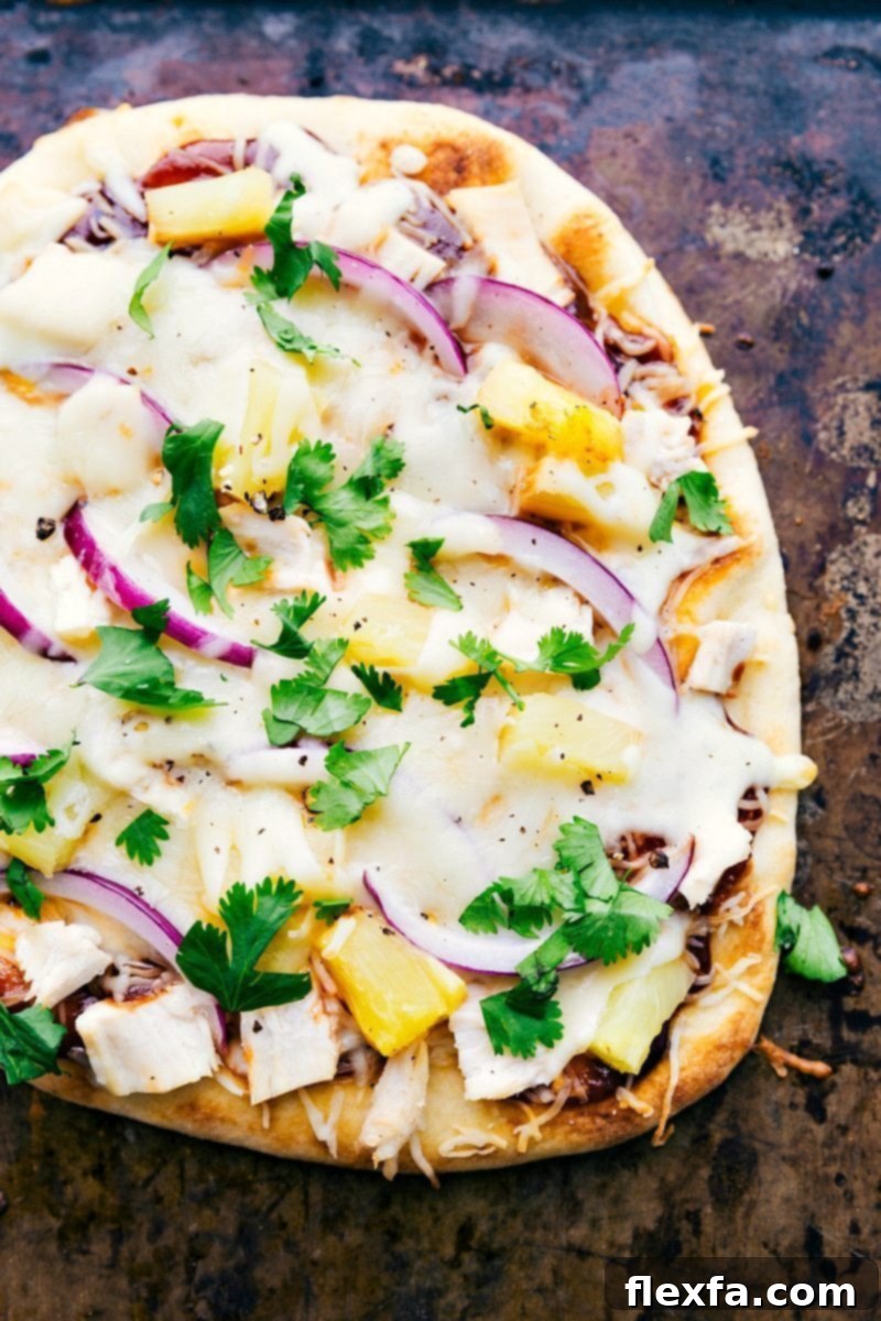 BBQ Chicken Flatbread: one of three easy dinners made from ONE rotisserie chicken, perfect for quick, kid-friendly family meals.