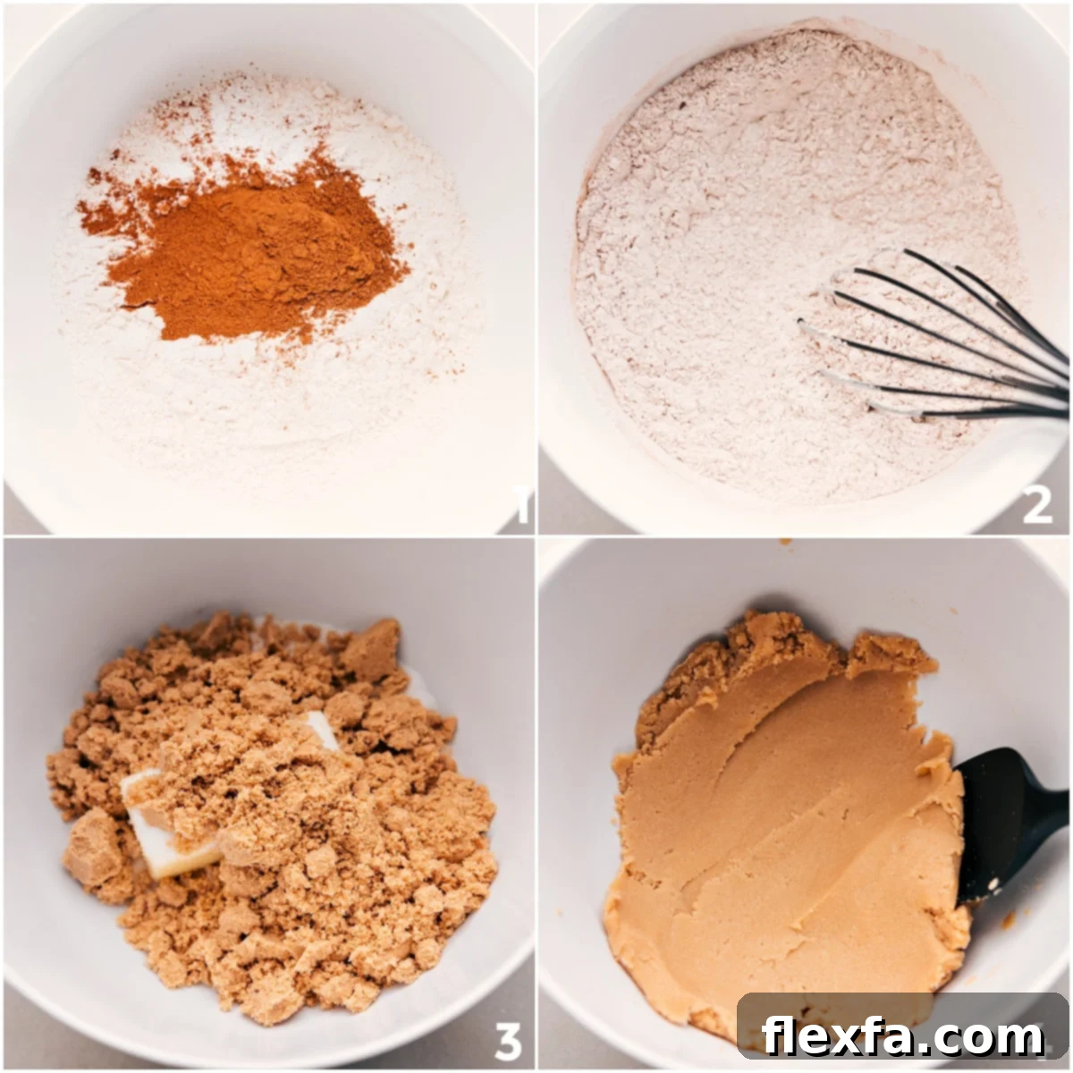 Dry and wet ingredients are carefully combined in a mixing bowl, illustrating the process of making the pumpkin cookie dough for these delightful cream cheese frosted treats.