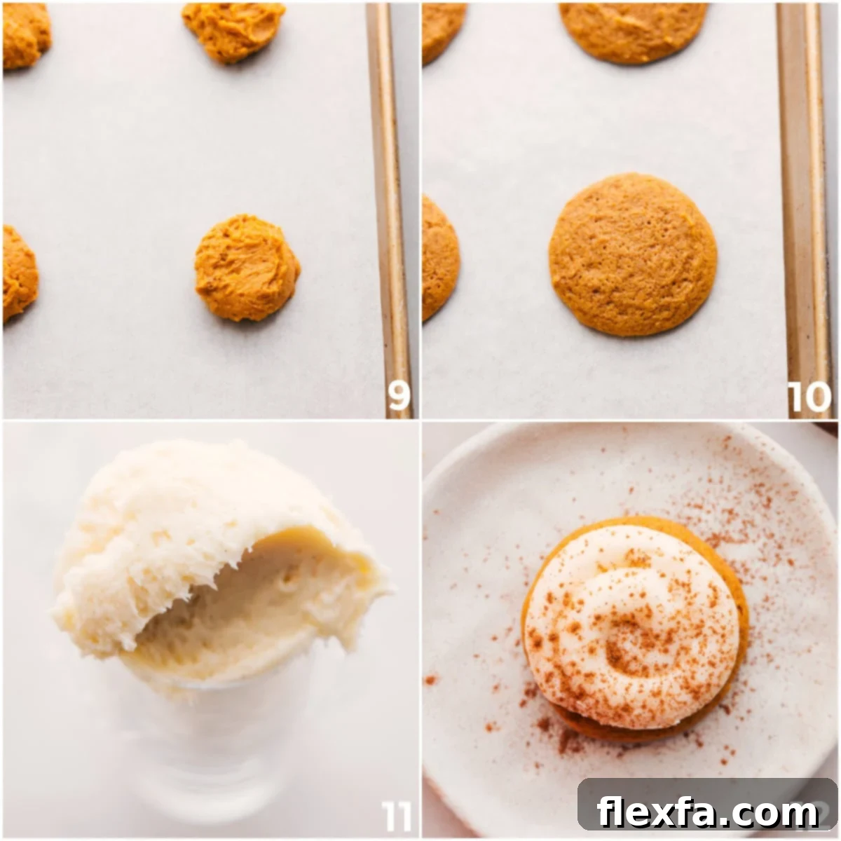 Beautifully baked pumpkin cookies, some rolled into neat balls, others freshly baked and ready for a generous swirl of cream cheese frosting on top.