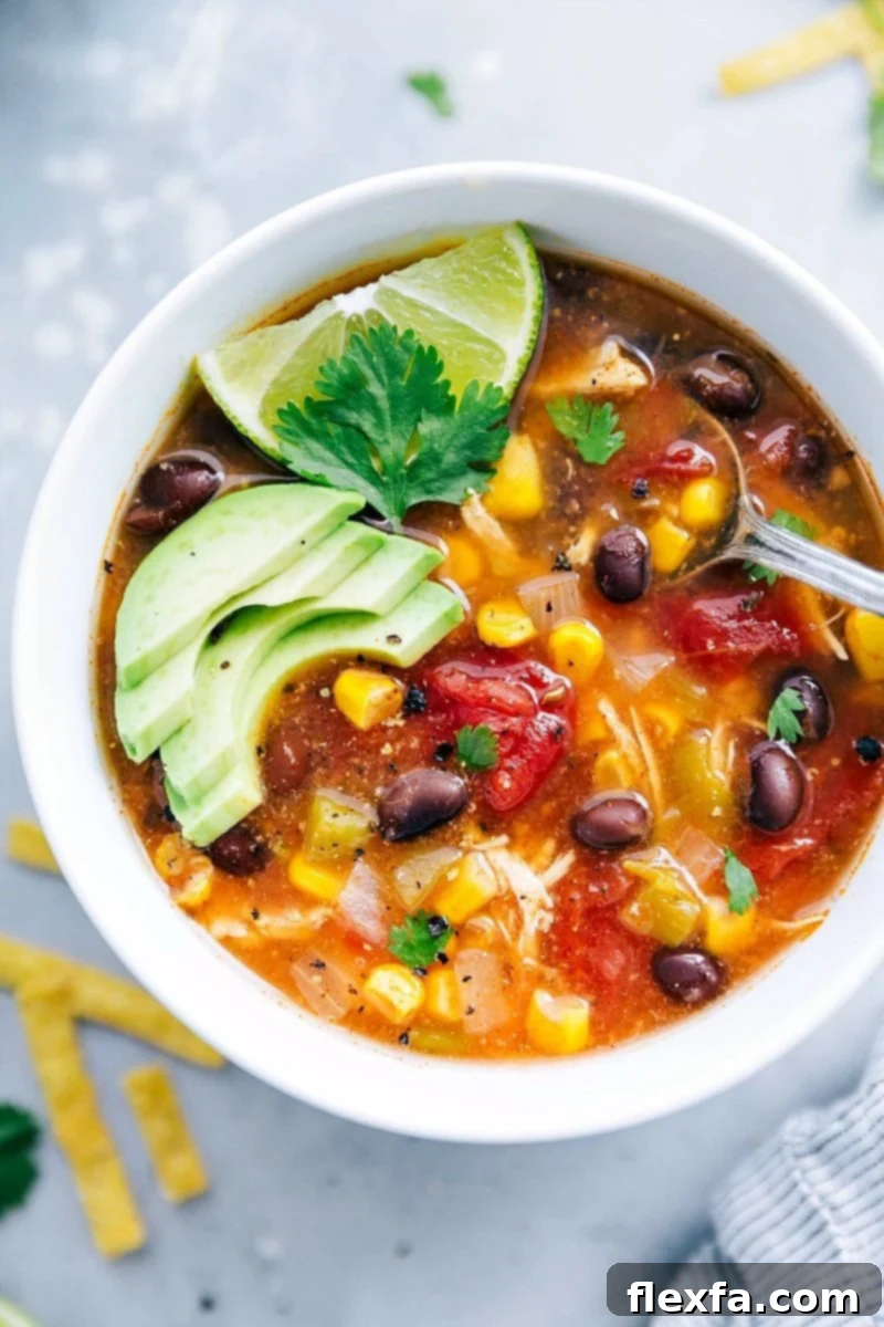 Delicious and easy Instant Pot Chicken Tortilla Soup with shredded chicken and vibrant toppings, perfect for a quick family dinner. Overhead image of a bowl of Instant Pot Chicken Tortilla Soup garnished with fresh toppings