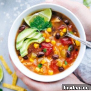 A large bowl of Instant Pot Chicken Tortilla Soup garnished with fresh toppings