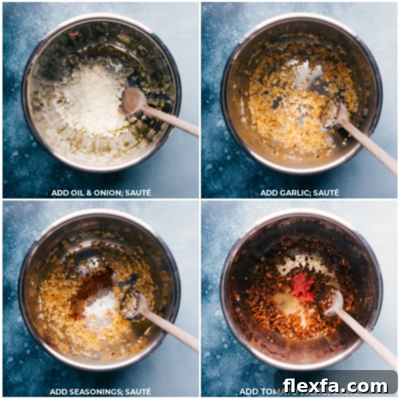 Initial steps for Instant Pot Chicken Tortilla Soup: sautéing onions, garlic, and spices for a rich flavor base. Process shots of sautéing aromatics: oil, onion, garlic, seasonings, and tomato paste in an Instant Pot