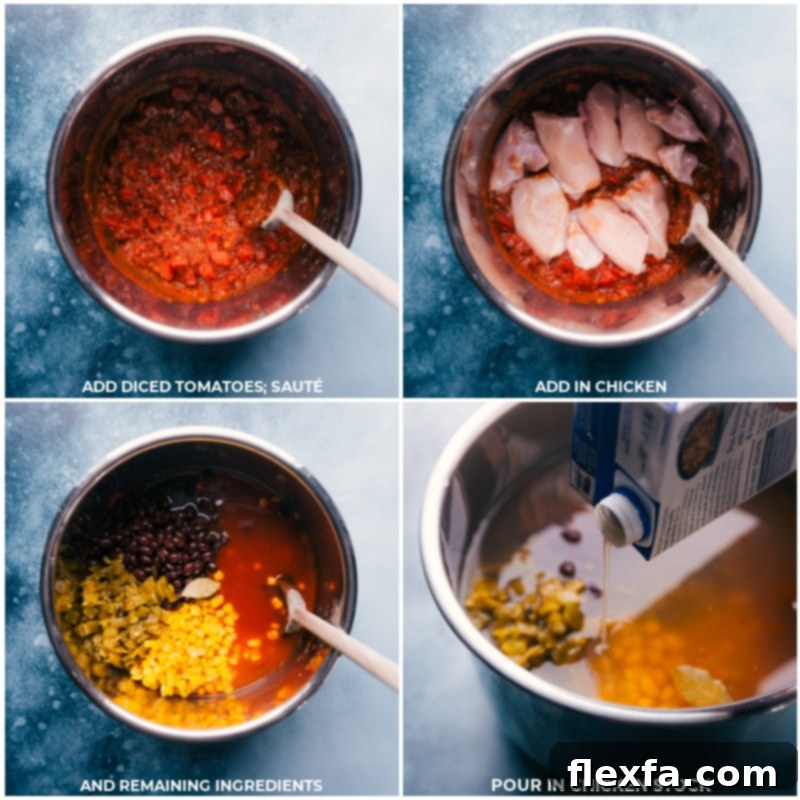 Adding all the core ingredients to the Instant Pot for the Chicken Tortilla Soup before pressure cooking. Process shots of adding diced tomatoes, chicken, chicken stock, and other main ingredients to the Instant Pot