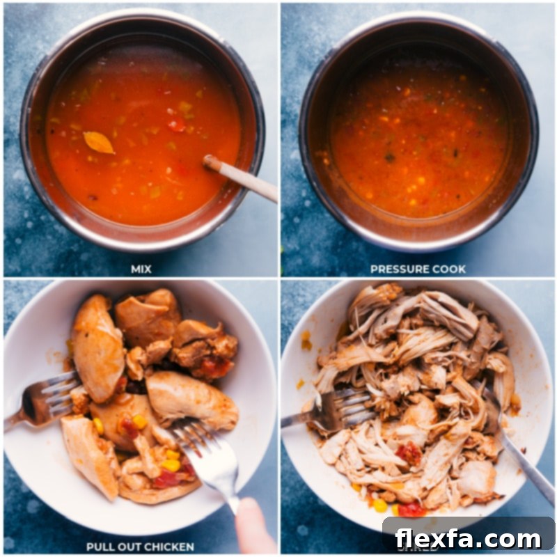 Shredding tender chicken after cooking in the Instant Pot, a key step for delicious tortilla soup. Process shots of shredded chicken being pulled from the Instant Pot for topping preparation