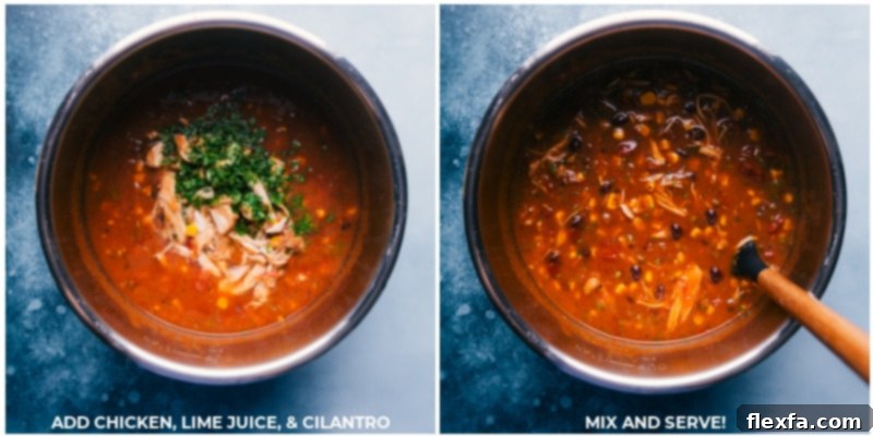 Final touches to the Instant Pot Chicken Tortilla Soup with fresh cilantro and lime, ready to serve. Process shots of shredded chicken, lime juice, and cilantro being added to the Instant Pot and mixed together for finishing touches